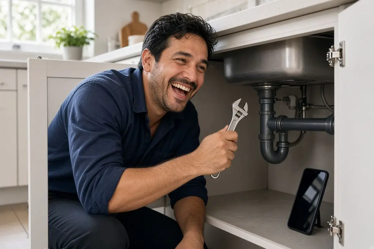 AI-illustrated fictional plumber laughing at a text while working under a sink