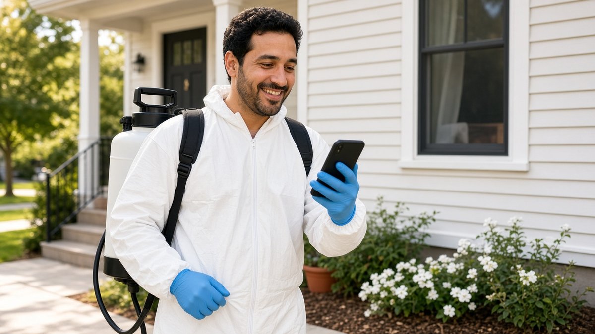 AI-generated illustration of a fictional pest control pro checking a text on the job