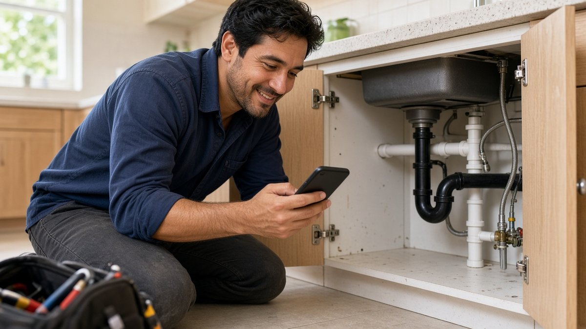 AI-generated illustration of a fictional plumbing pro checking a text on the job