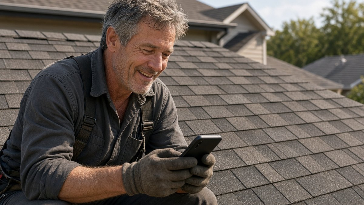AI-generated illustration of a fictional roofing pro checking a text on the job